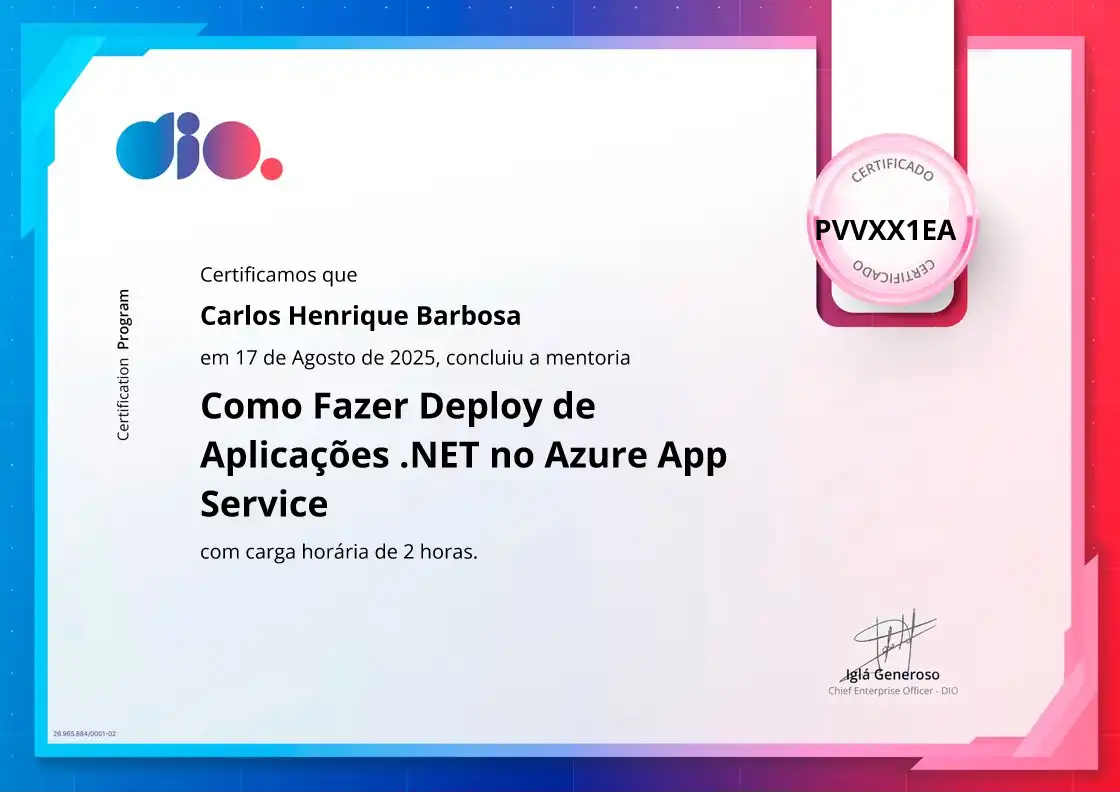 certificate of Como Fazer Deploy de Aplicações .NET no Azure App Service
