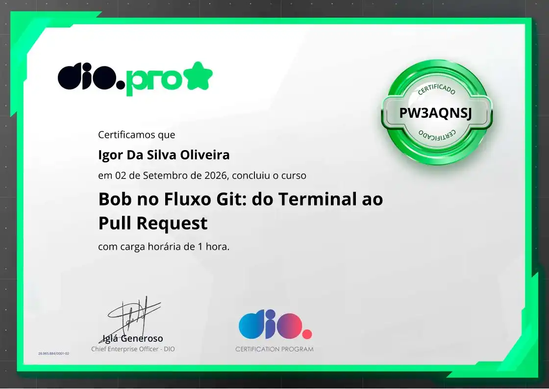 certificate of Bob no Fluxo Git: do Terminal ao Pull Request