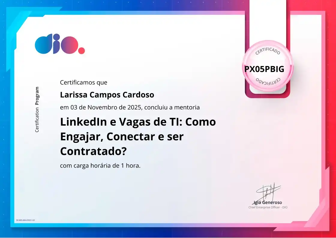 certificate of LinkedIn e Vagas de TI: Como Engajar, Conectar e ser Contratado?
