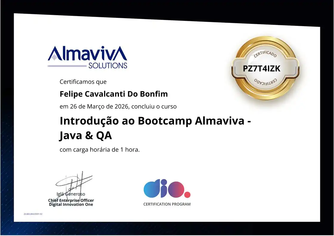certificate of Introdução ao Bootcamp Almaviva - Java & QA