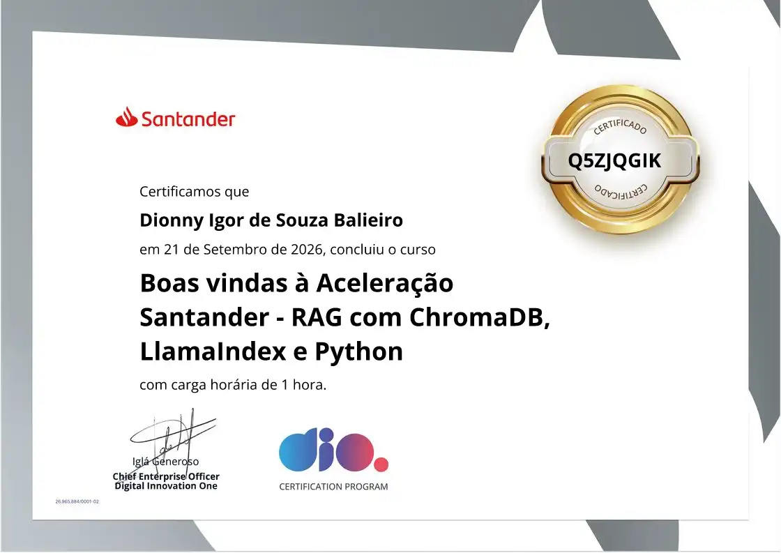 certificate of Boas vindas à Aceleração Santander - RAG com ChromaDB, LlamaIndex e Python