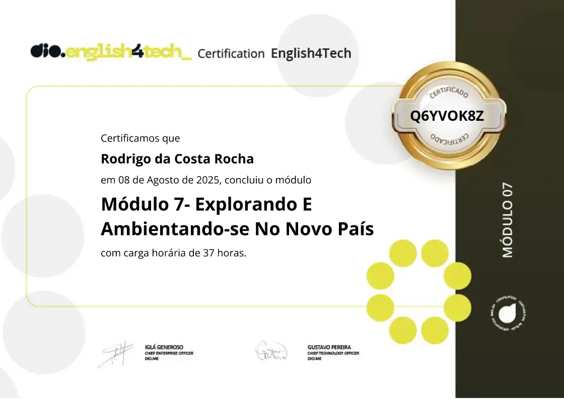 certificate of Módulo 7- Explorando E Ambientando-se No Novo País