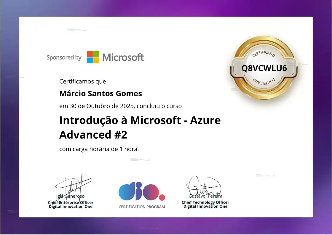 certificate of Introdução à Microsoft - Azure Advanced #2