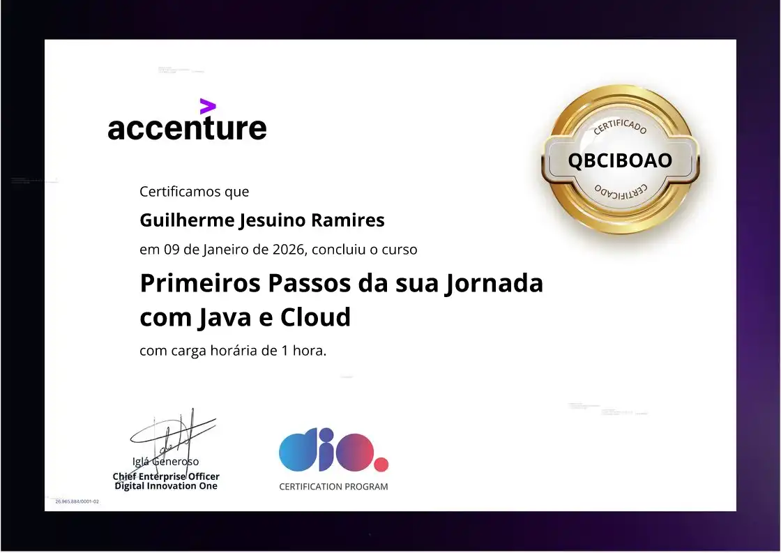certificate of Primeiros Passos da sua Jornada com Java e Cloud