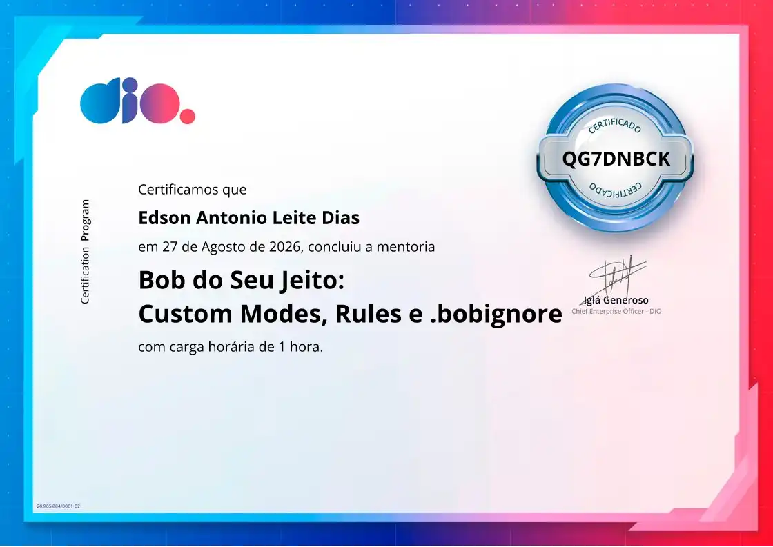 certificate of Bob do Seu Jeito: Custom Modes, Rules e .bobignore
