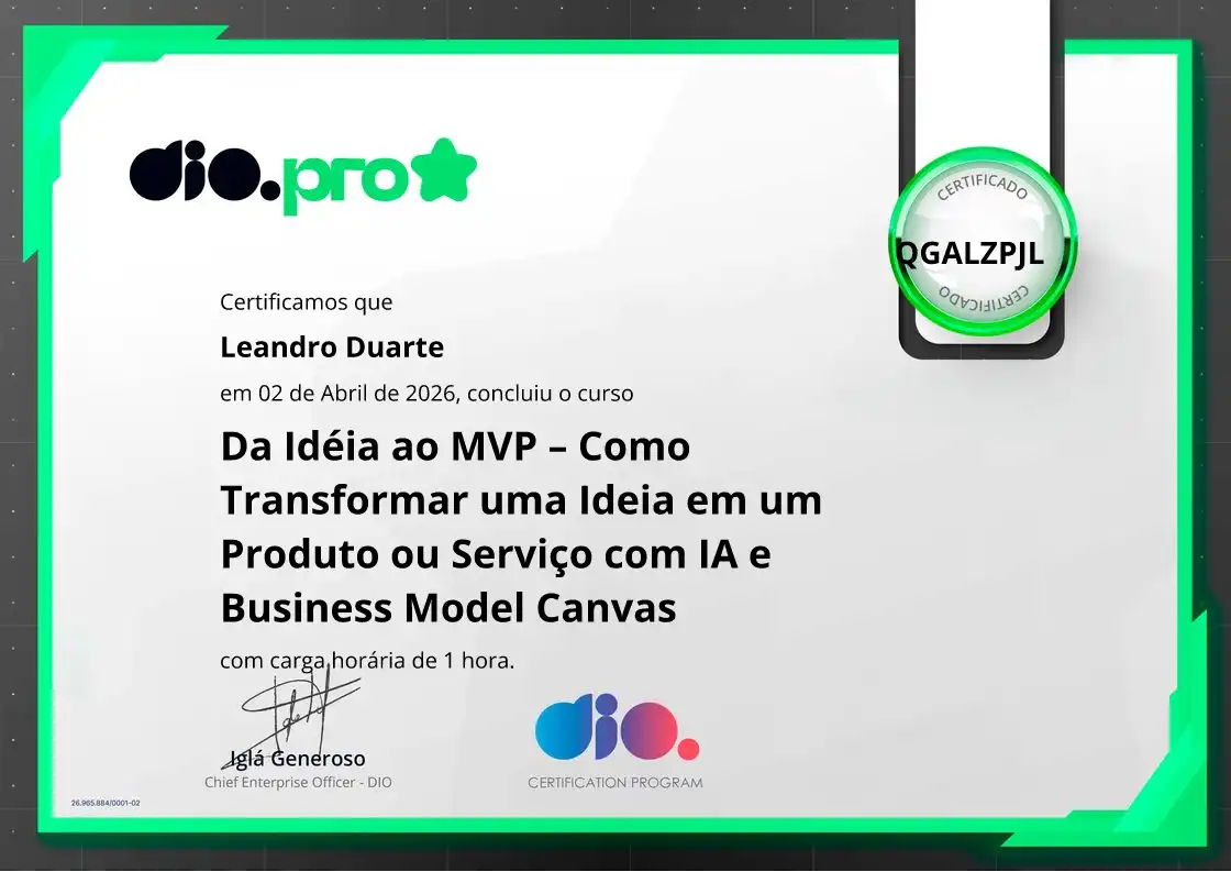 certificate of Da Idéia ao MVP – Como Transformar uma Ideia em um Produto ou Serviço com IA e Business Model Canvas