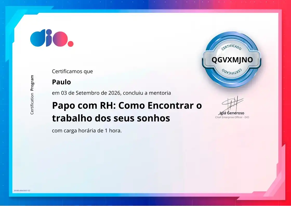 certificate of Papo com RH: Como Encontrar o trabalho dos seus sonhos