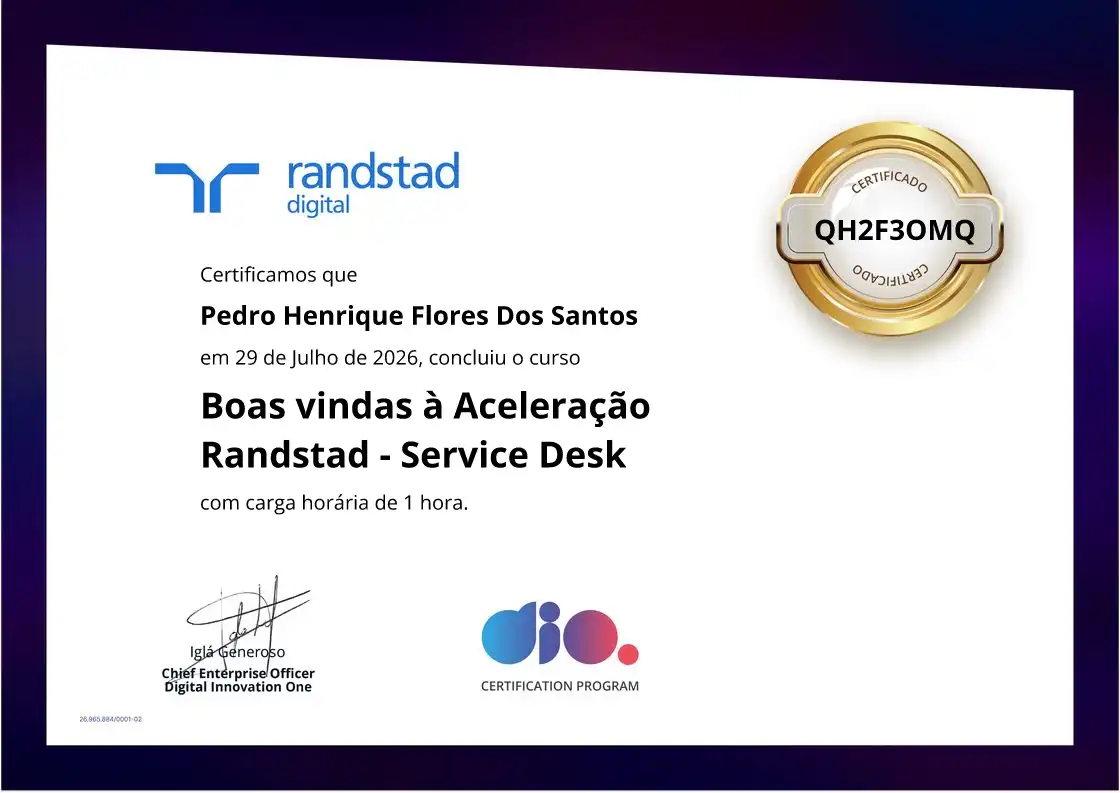 certificate of Boas vindas à Aceleração Randstad - Service Desk