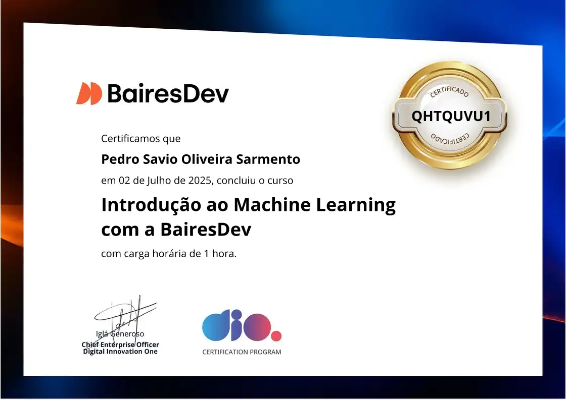 certificate of Introdução ao Machine Learning com a BairesDev