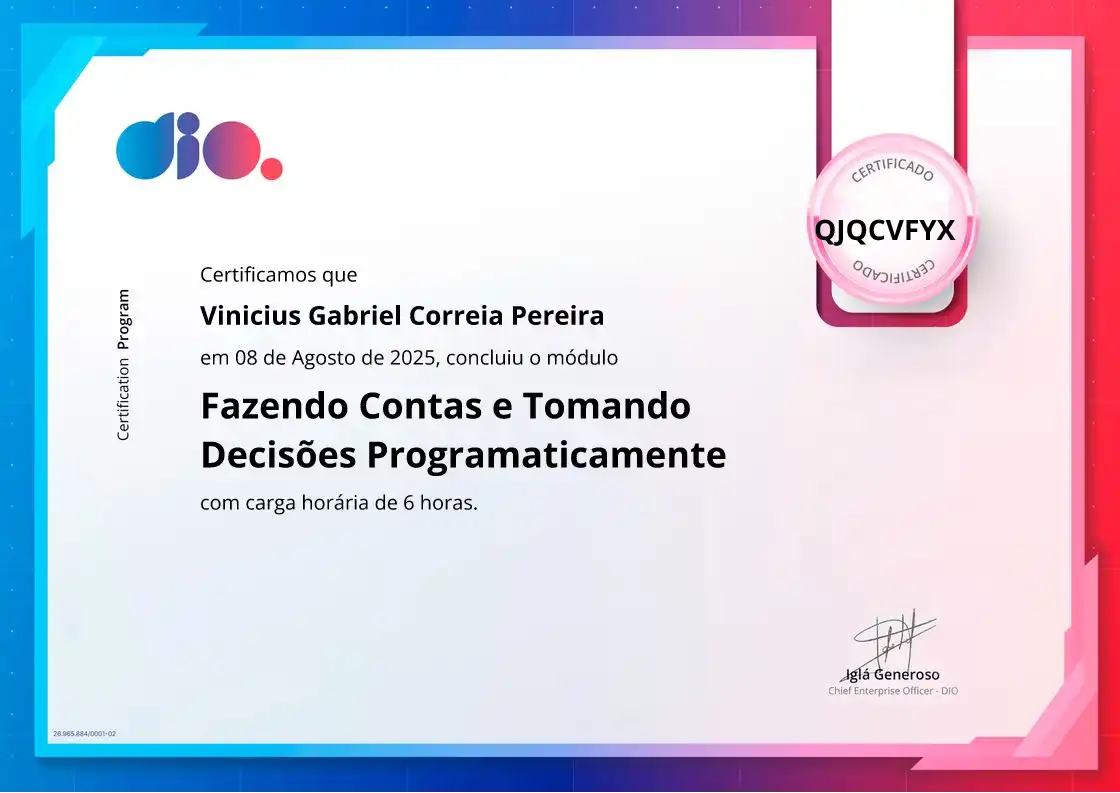 certificate of Fazendo Contas e Tomando Decisões Programaticamente