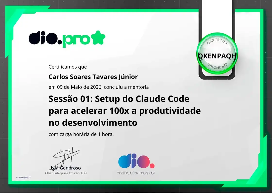 certificate of Sessão 01: Setup do Claude Code para acelerar 100x a produtividade no desenvolvimento