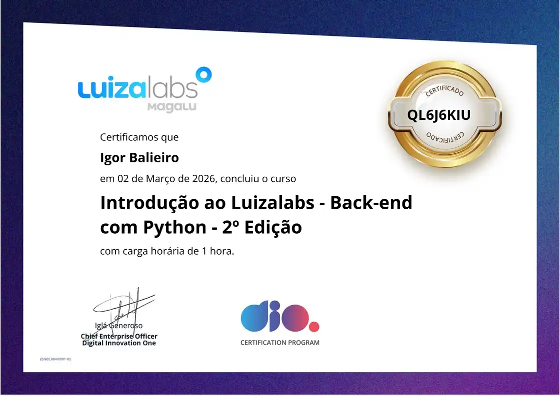 certificate of Introdução ao Luizalabs - Back-end com Python - 2º Edição