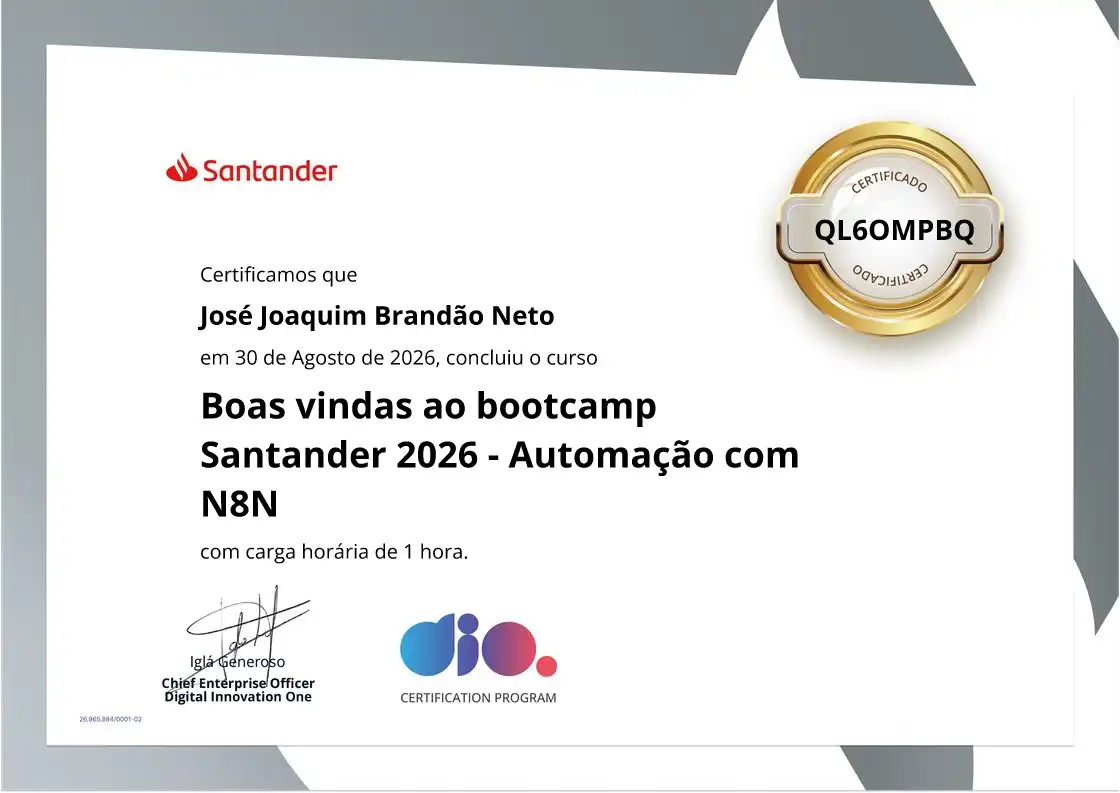 certificate of Boas vindas ao bootcamp Santander 2026 - Automação com N8N