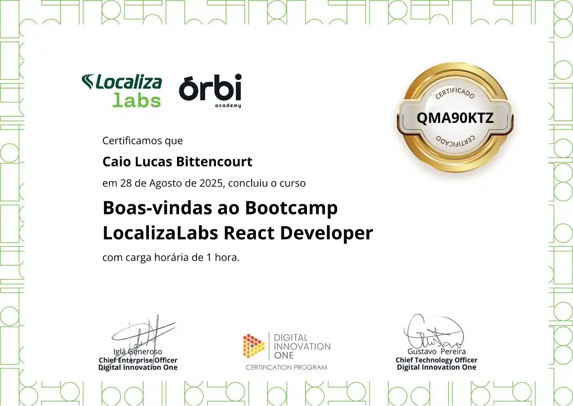 certificate of Boas-vindas ao Bootcamp LocalizaLabs React Developer