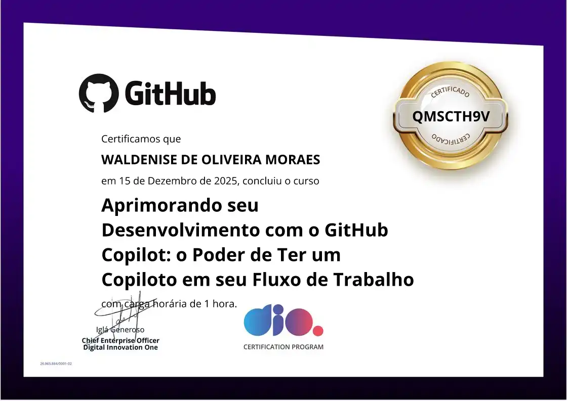 certificate of Aprimorando seu Desenvolvimento com o GitHub Copilot: o Poder de Ter um Copiloto em seu Fluxo de Trabalho