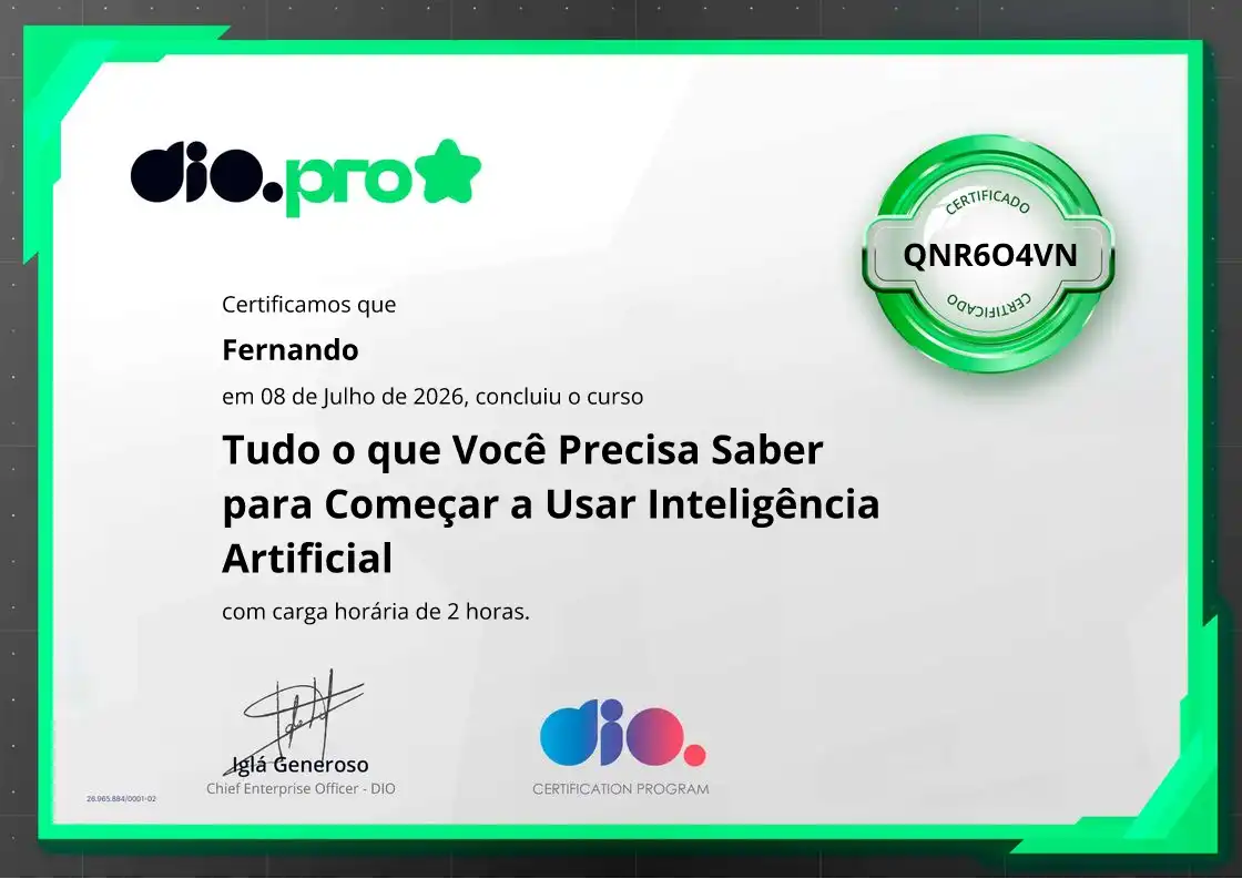 certificate of Tudo o que Você Precisa Saber para Começar a Usar Inteligência Artificial
