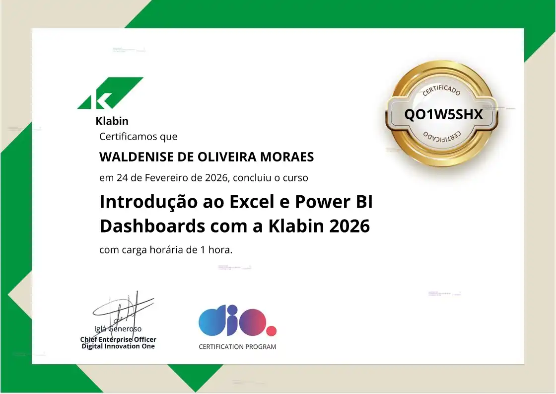 certificate of Introdução ao Excel e Power BI Dashboards com a Klabin 2026