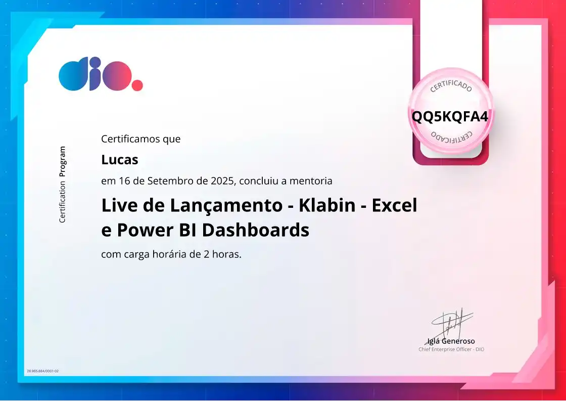 certificate of Live de Lançamento - Klabin - Excel e Power BI Dashboards