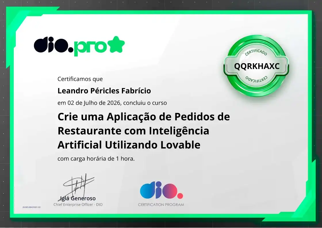 certificate of Crie uma Aplicação de Pedidos de Restaurante com Inteligência Artificial Utilizando Lovable
