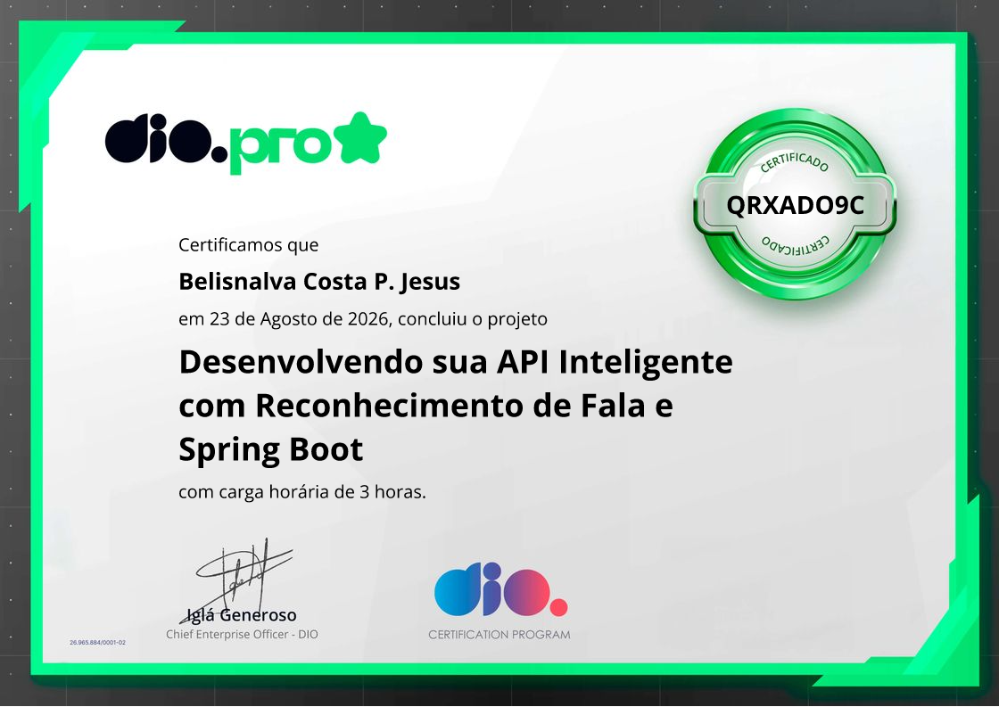 certificate of Desenvolvendo sua API Inteligente com Reconhecimento de Fala e Spring Boot