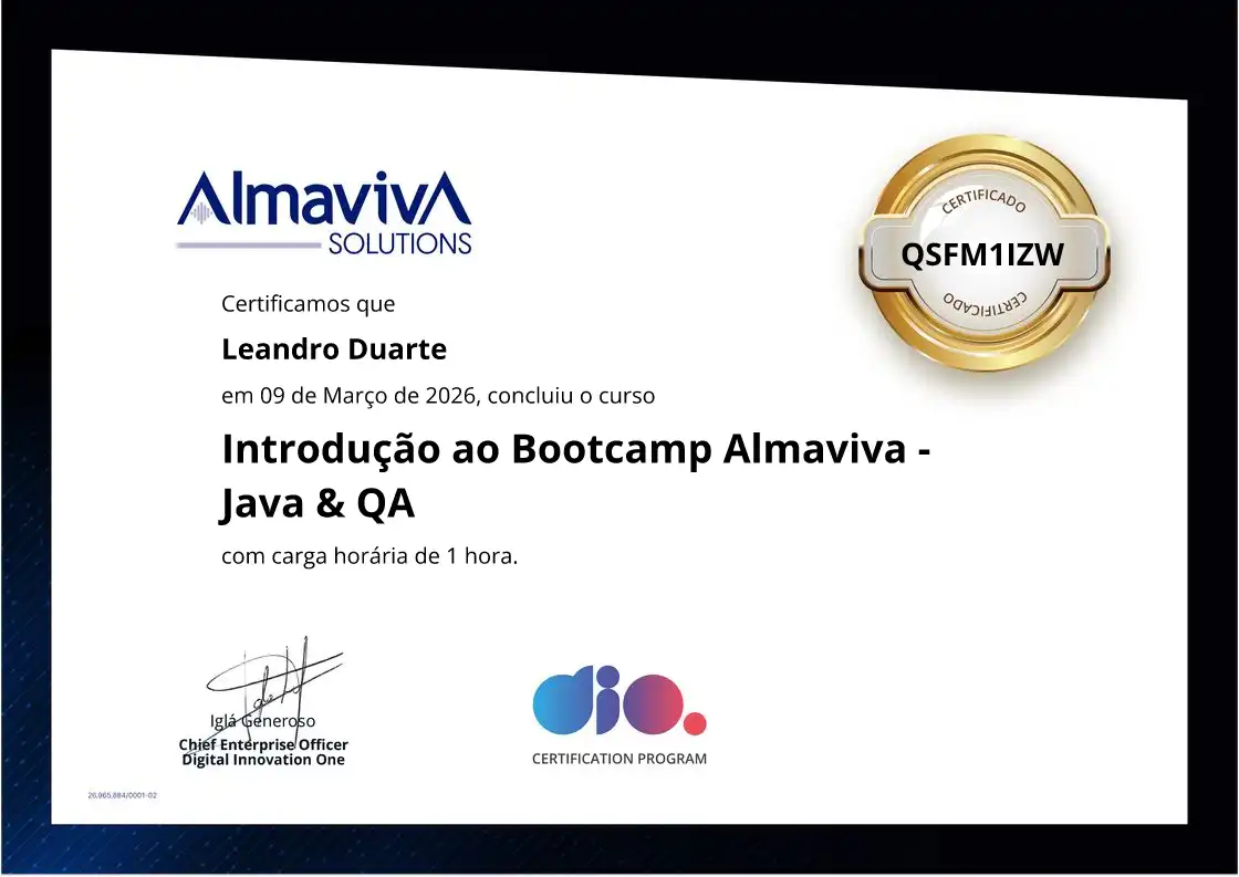 certificate of Introdução ao Bootcamp Almaviva - Java & QA
