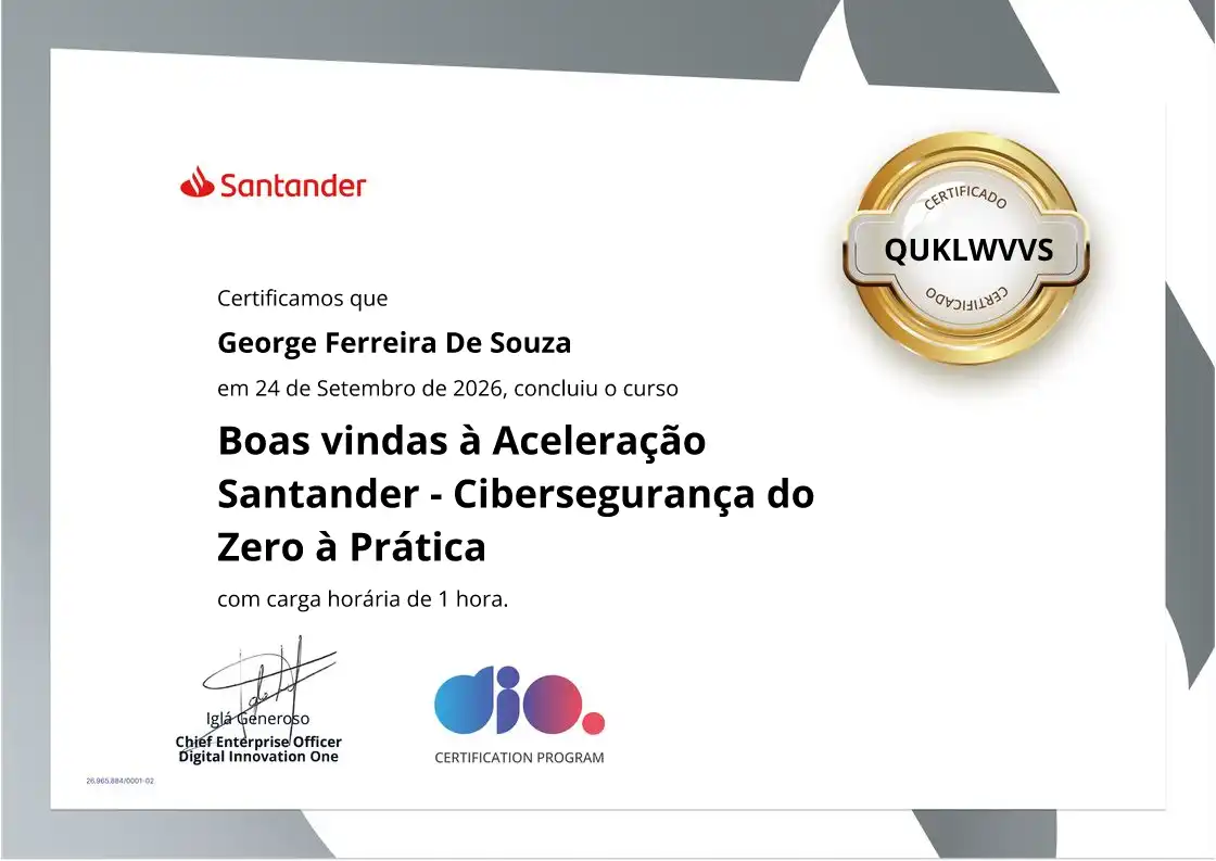 certificate of Boas vindas à Aceleração Santander - Cibersegurança do Zero à Prática