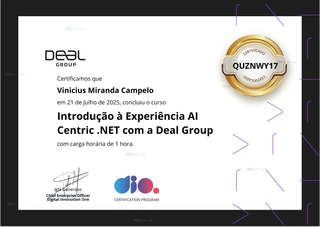 certificate of Introdução à Experiência AI Centric .NET com a Deal Group