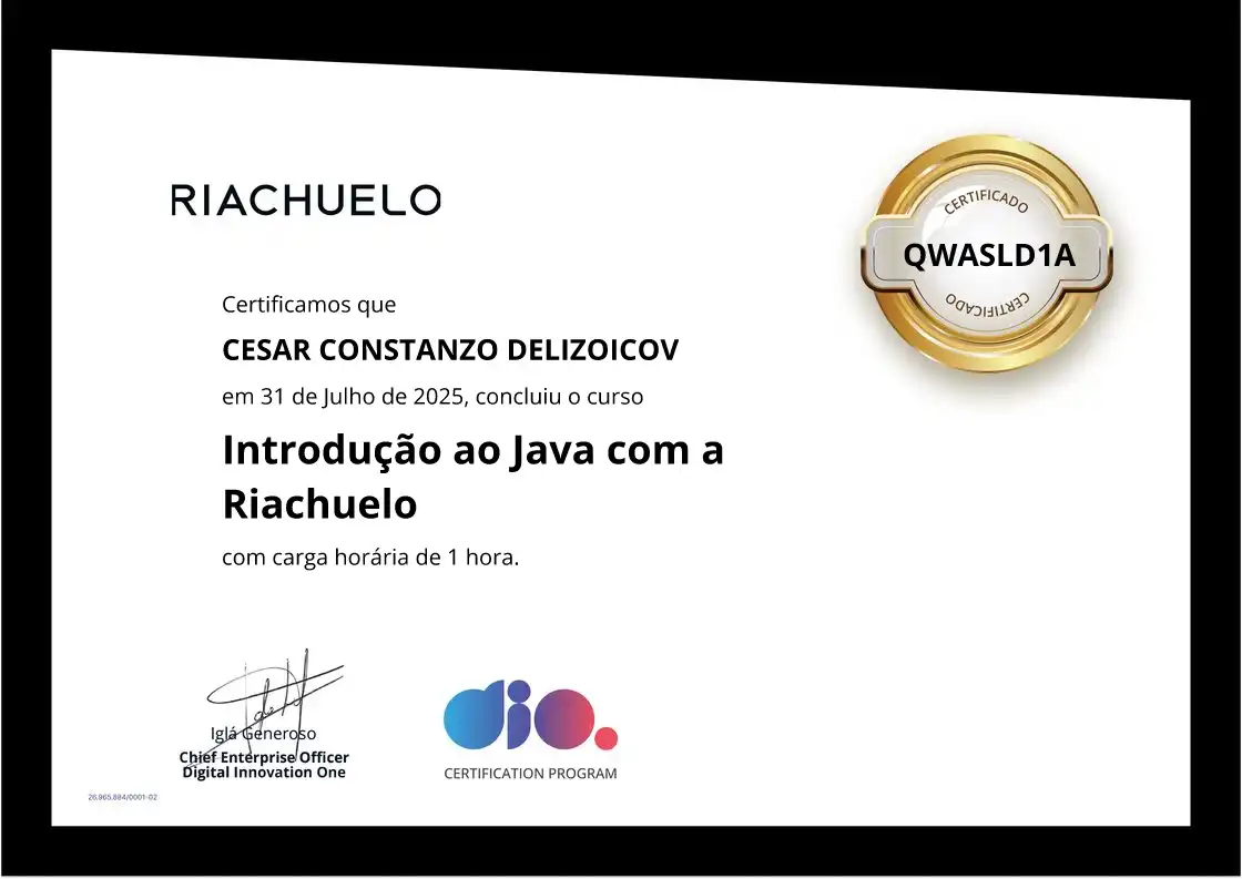 certificate of Introdução ao Java com a Riachuelo