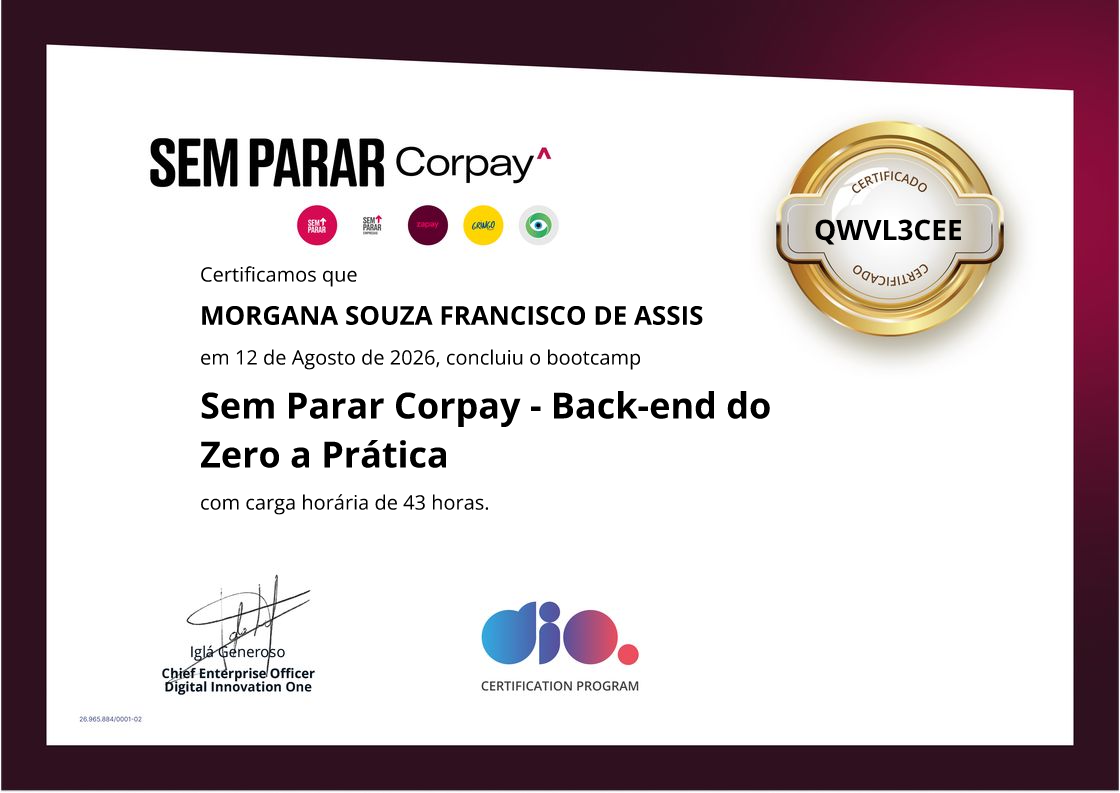 certificate of Sem Parar Corpay - Back-end do Zero a Prática