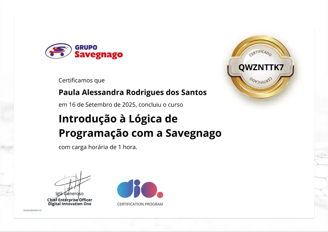 certificate of Introdução à Lógica de Programação com a Savegnago