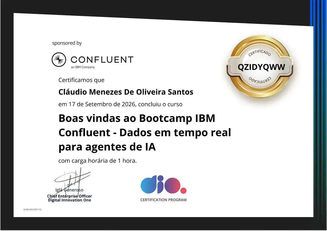certificate of Boas vindas ao Bootcamp IBM Confluent - Dados em tempo real para agentes de IA