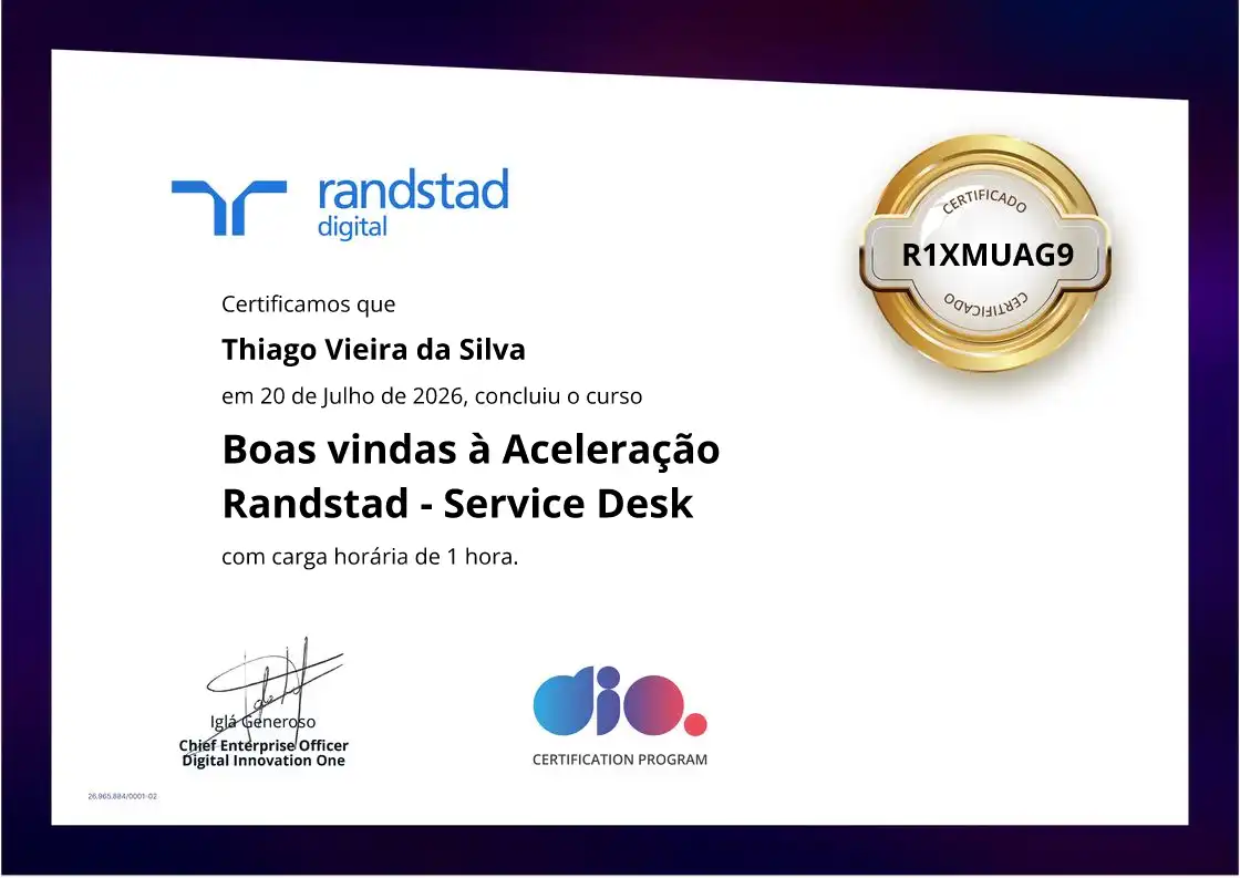 certificate of Boas vindas à Aceleração Randstad - Service Desk