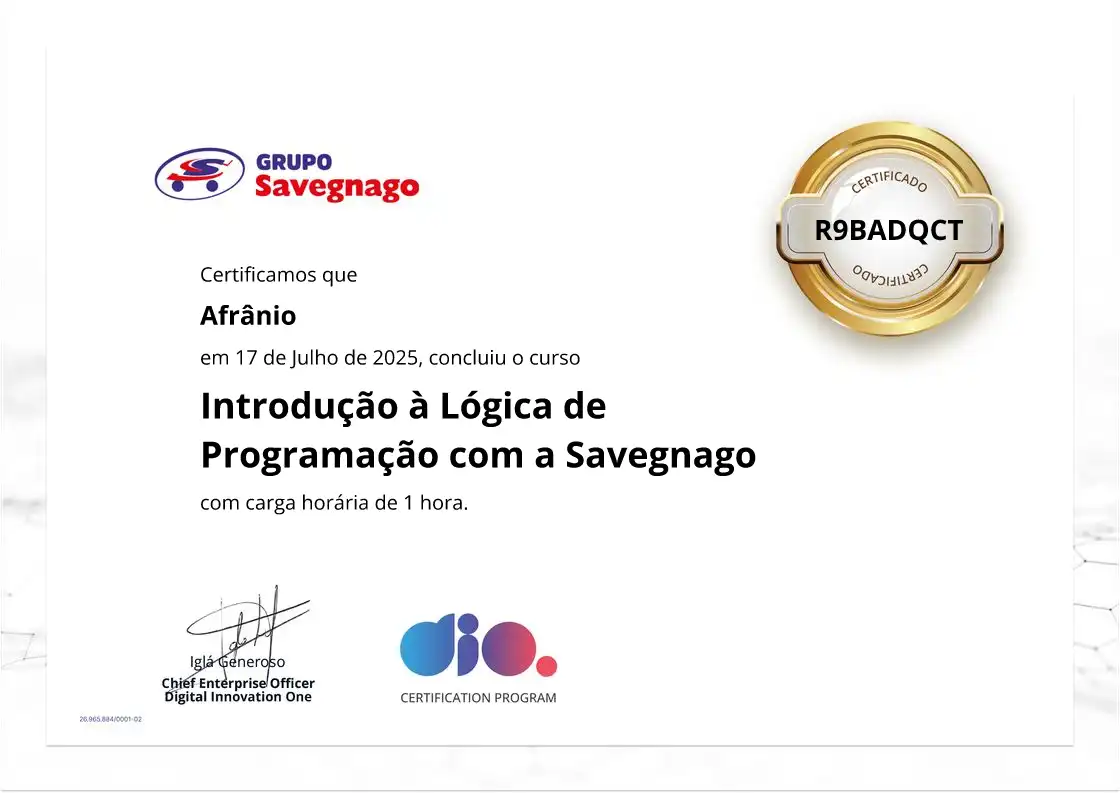 certificate of Introdução à Lógica de Programação com a Savegnago