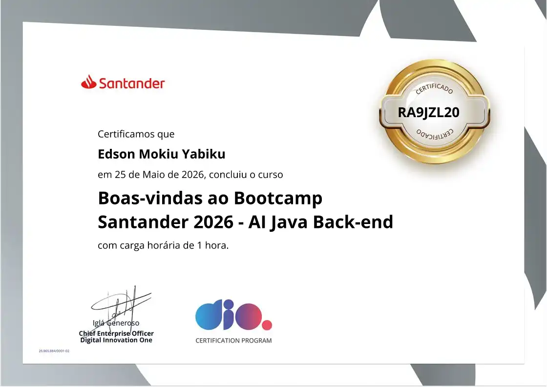 certificate of Boas-vindas ao Bootcamp Santander 2026 - AI Java Back-end