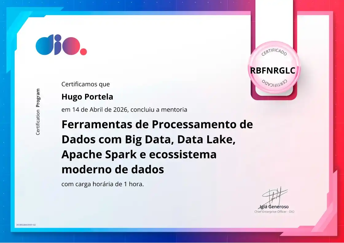 certificate of Ferramentas de Processamento de Dados com Big Data, Data Lake, Apache Spark e ecossistema moderno de dados