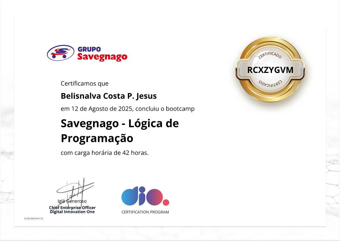 certificate of Savegnago - Lógica de Programação