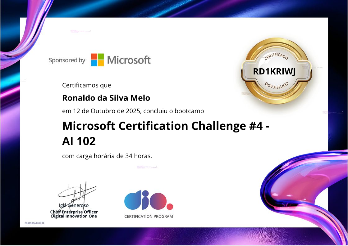 certificate of Microsoft Certification Challenge #4 - AI 102