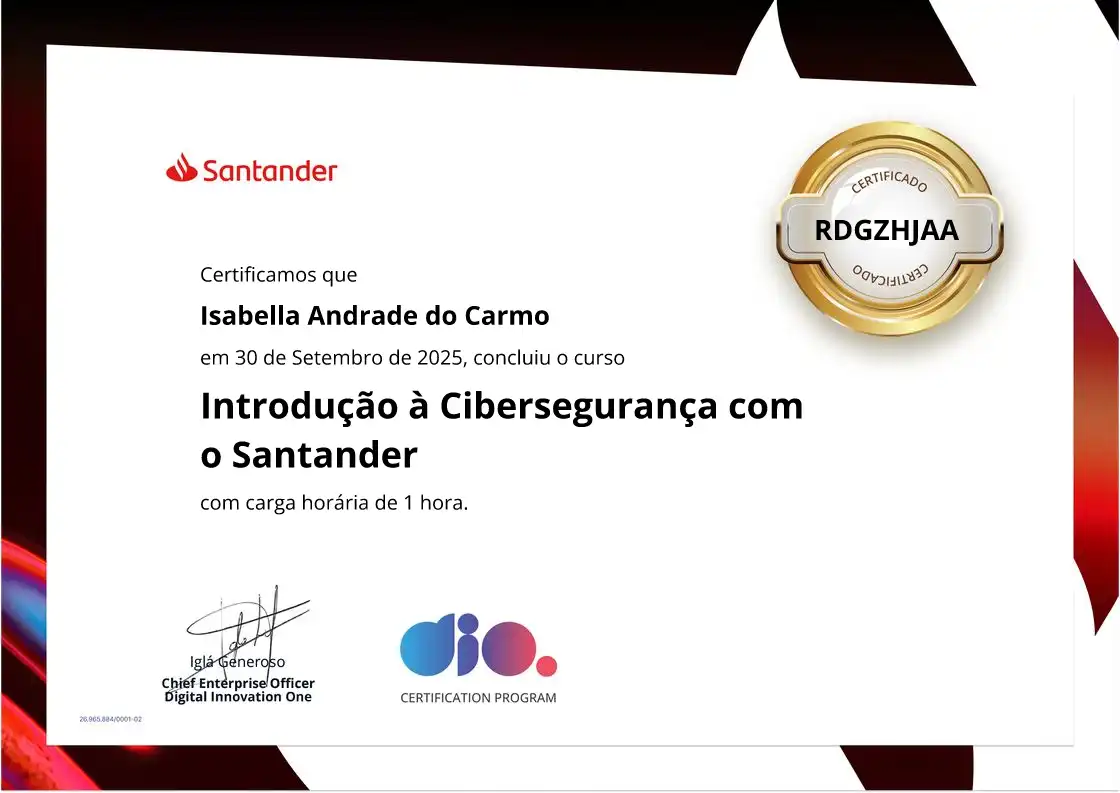 certificate of Introdução à Cibersegurança com o Santander