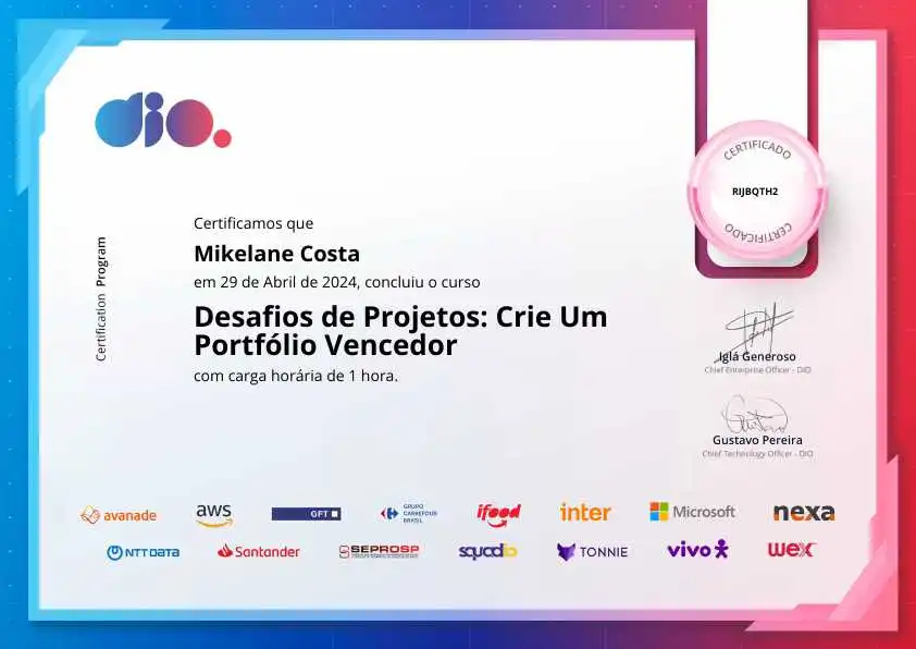 certificate of Desafios de Projetos: Crie Um Portfólio Vencedor