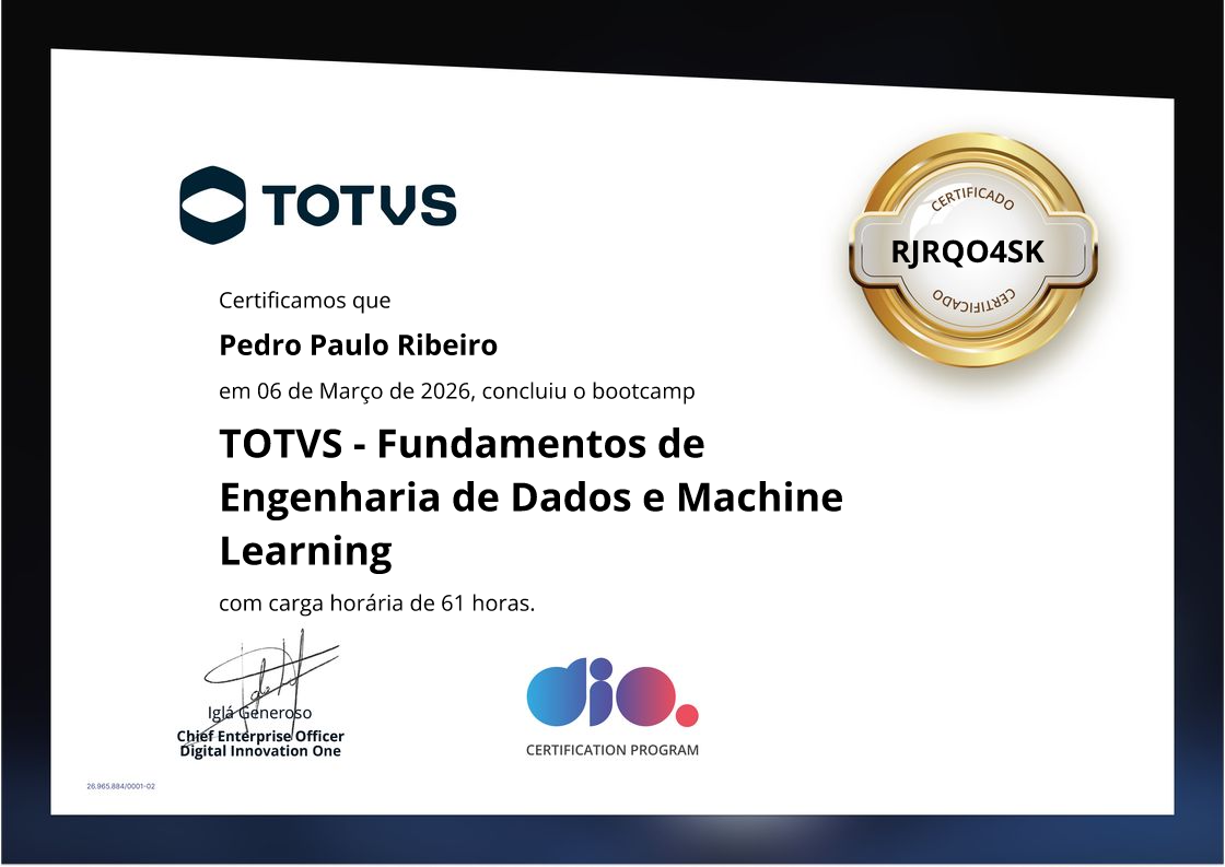 certificate of TOTVS - Fundamentos de Engenharia de Dados e Machine Learning