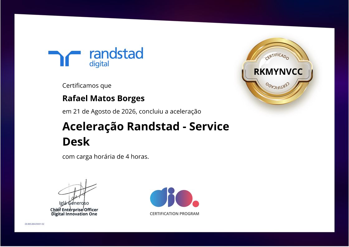 certificate of Aceleração Randstad - Service Desk