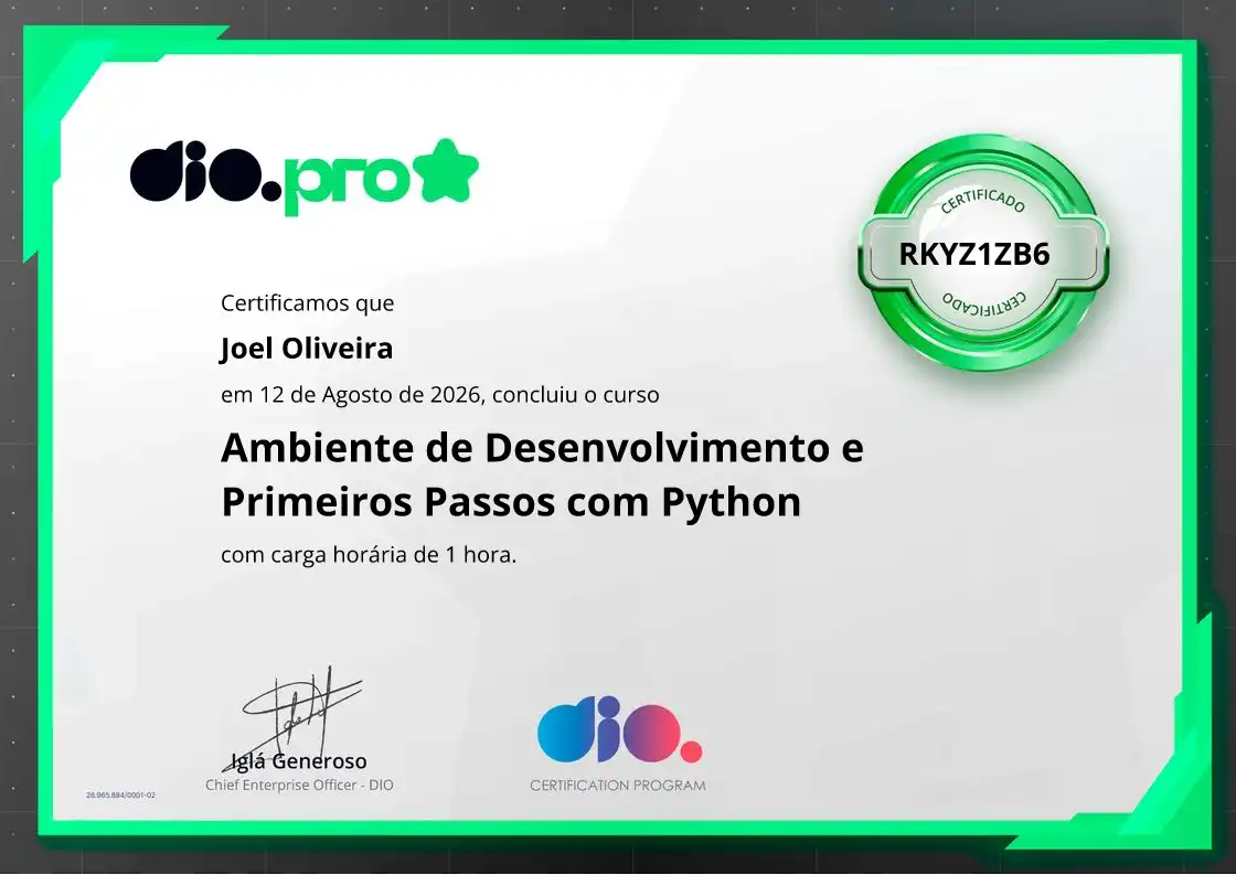 certificate of Ambiente de Desenvolvimento e Primeiros Passos com Python