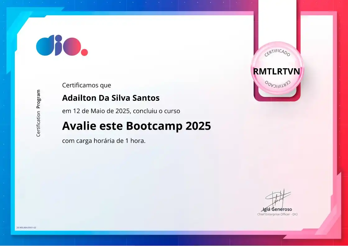 certificate of Avalie este Bootcamp 2025