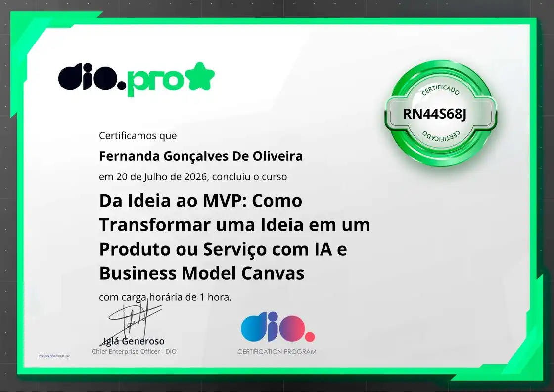 certificate of Da Ideia ao MVP: Como Transformar uma Ideia em um Produto ou Serviço com IA e Business Model Canvas