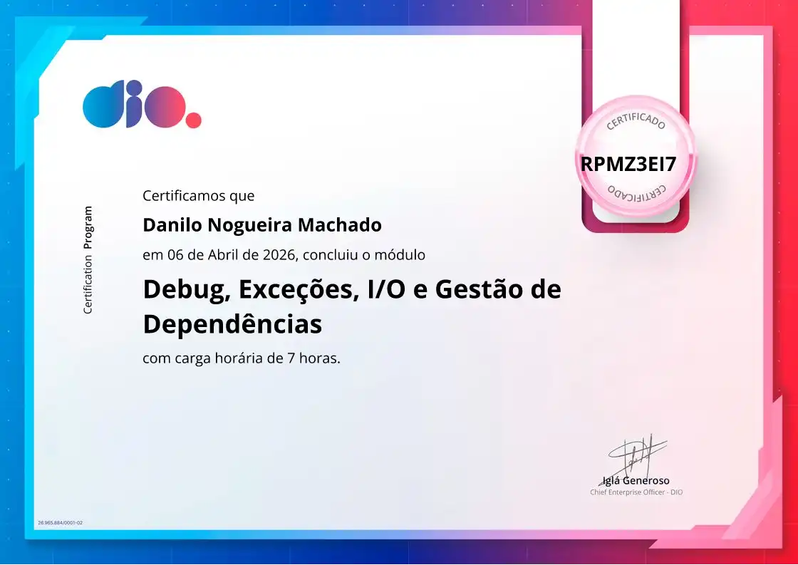 certificate of Debug, Exceções, I/O e Gestão de Dependências