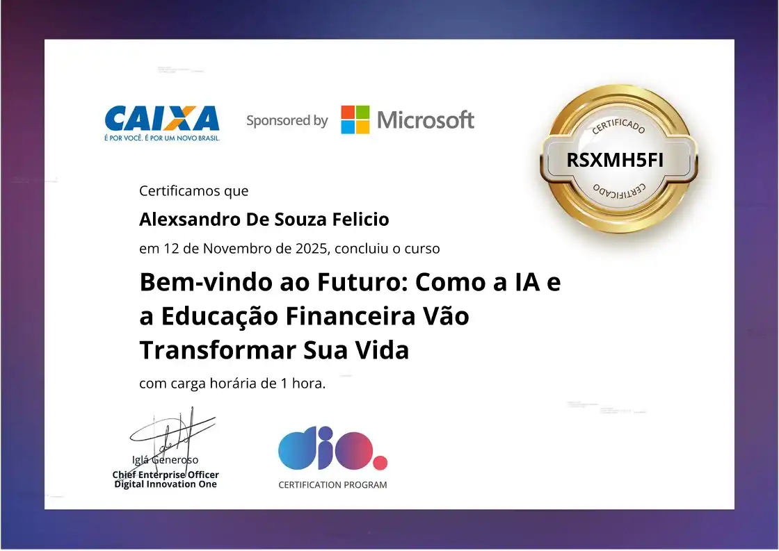 certificate of Bem-vindo ao Futuro: Como a IA e a Educação Financeira Vão Transformar Sua Vida