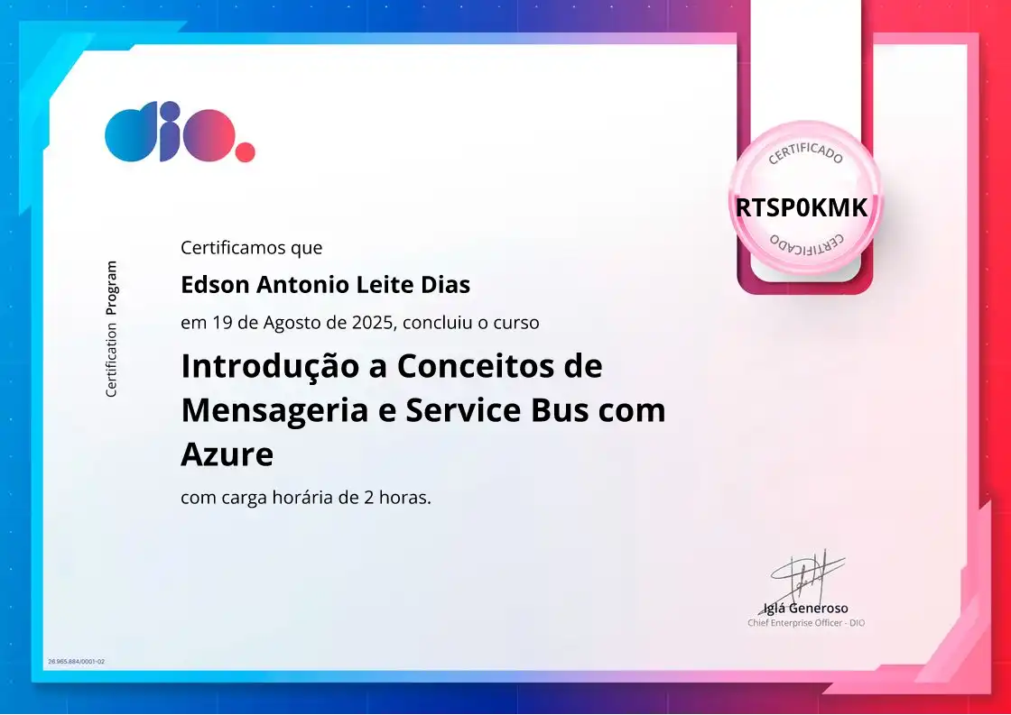 certificate of Introdução a Conceitos de Mensageria e Service Bus com Azure