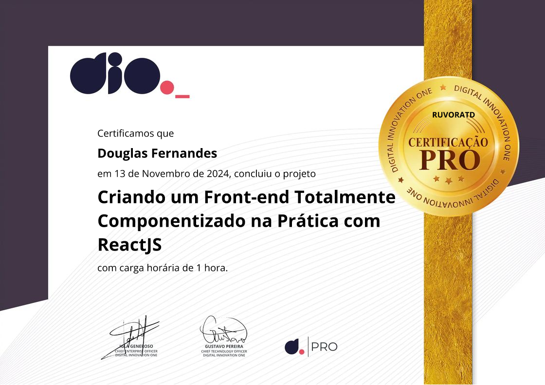 certificate of Criando um Front-end Totalmente Componentizado na Prática com ReactJS