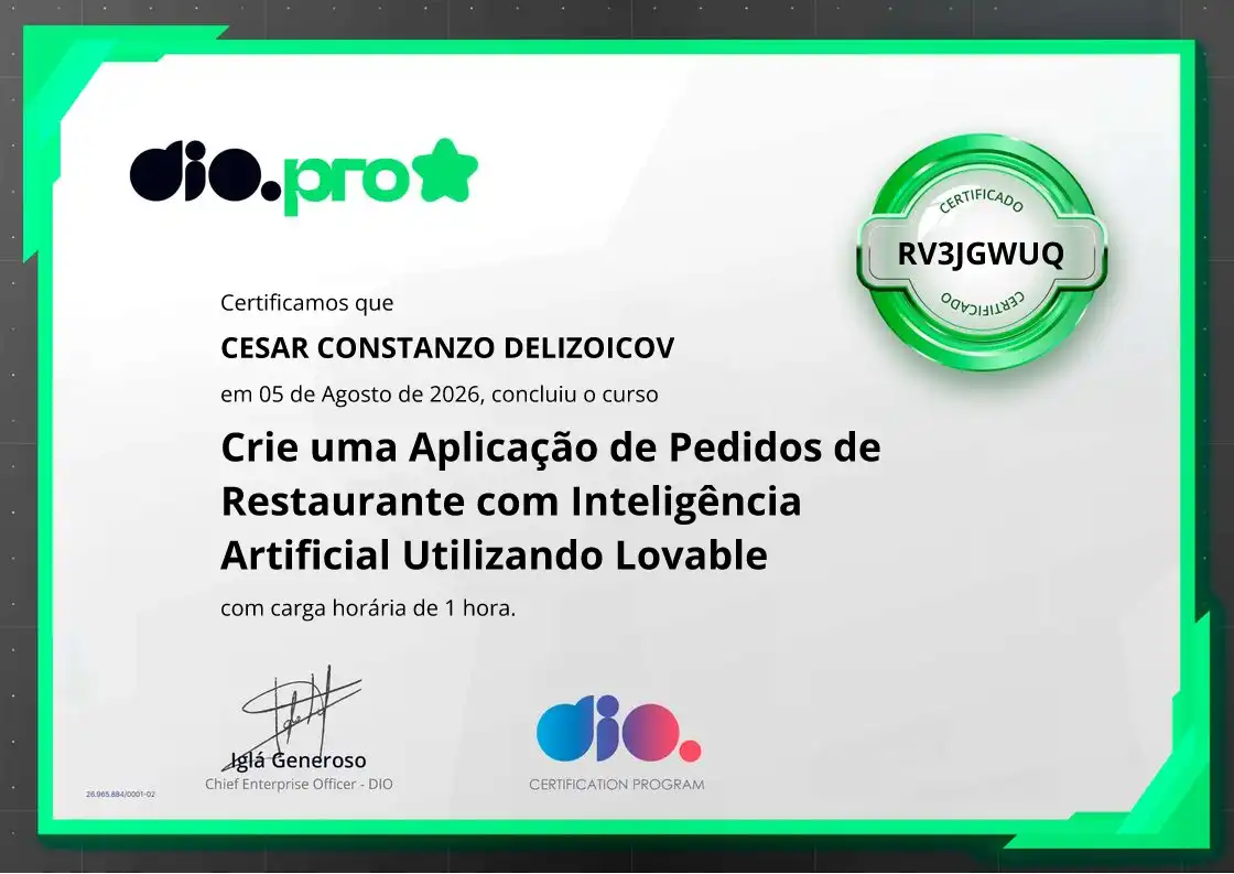 certificate of Crie uma Aplicação de Pedidos de Restaurante com Inteligência Artificial Utilizando Lovable