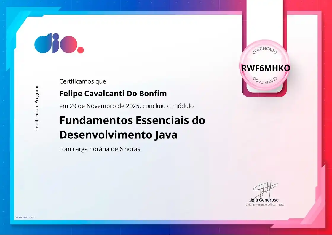 certificate of Fundamentos Essenciais do Desenvolvimento Java